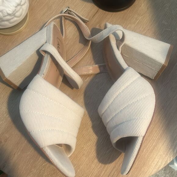 Lulu’s Rahele Cream Corduroy Ankle Strap High Heel Sandals, size 7.5 - Picture 9 of 13